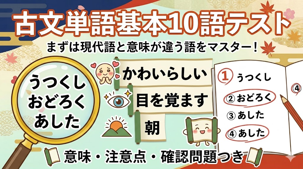 中学生向けの古文単語テストで基本語を確認する学習用画像