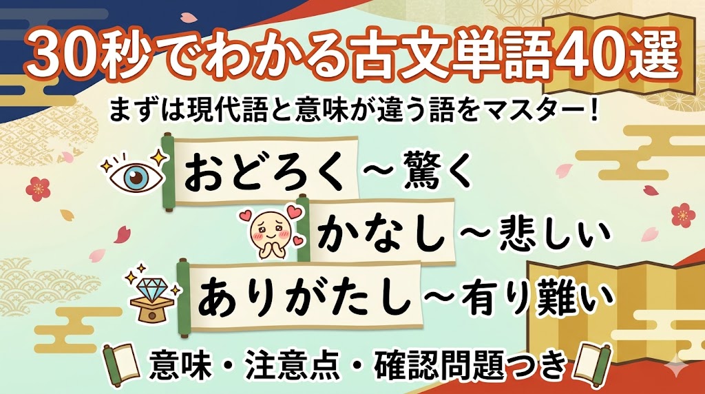 中学生が覚えたい古文単語40語を学習カード風に整理した画像