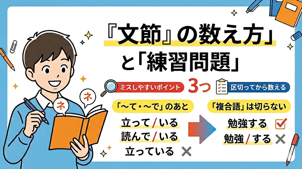 文節の数え方と区切り方を中学生向けに説明する練習問題の図解