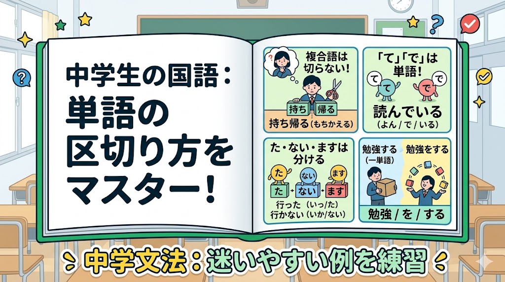 単語の区切り方と間違えやすい単語分けを中学生向けに説明する図解