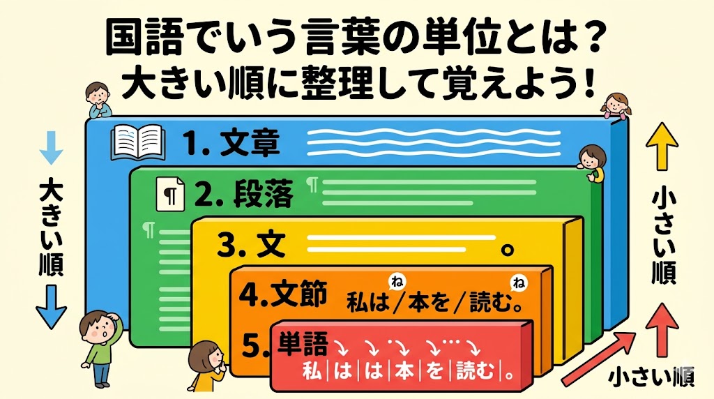 言葉の単位を文章・段落・文・文節・単語の順に整理した中学生向け図解