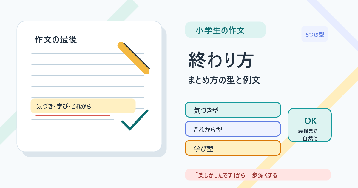作文の終わり方とまとめ方を説明する小学生向けアイキャッチ画像