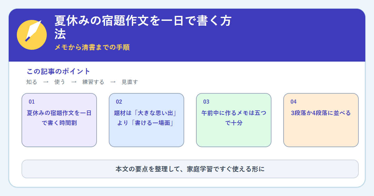 夏休みの宿題作文を一日で書く方法｜メモから清書までの手順の内容をまとめた図解