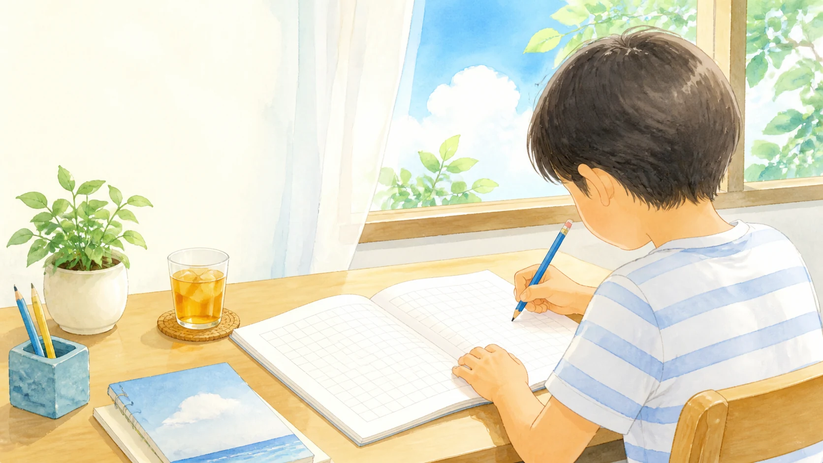 夏休みの作文を書く小学生と原稿用紙のイラスト